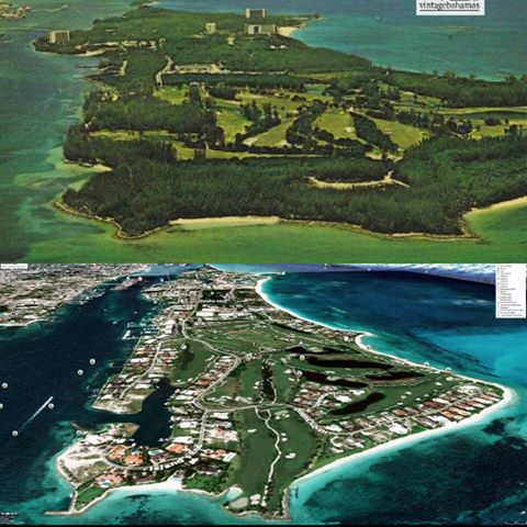 Image showing Paradise Island Bahamas aerial views from the East. The  upper image shows Paradise island in the 1970s mostly covered in vegetation with a large golf course on the eastern end. The Lower image show Significant urbanization and development including marinas and hotels that now cover more than 70% of the island.
